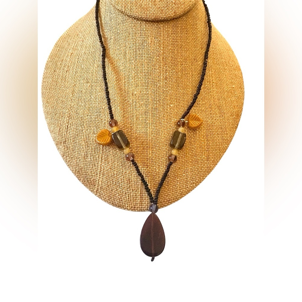 Black Seed bead Necklace with Gemstones and Glass leaves with Lobster Clasp